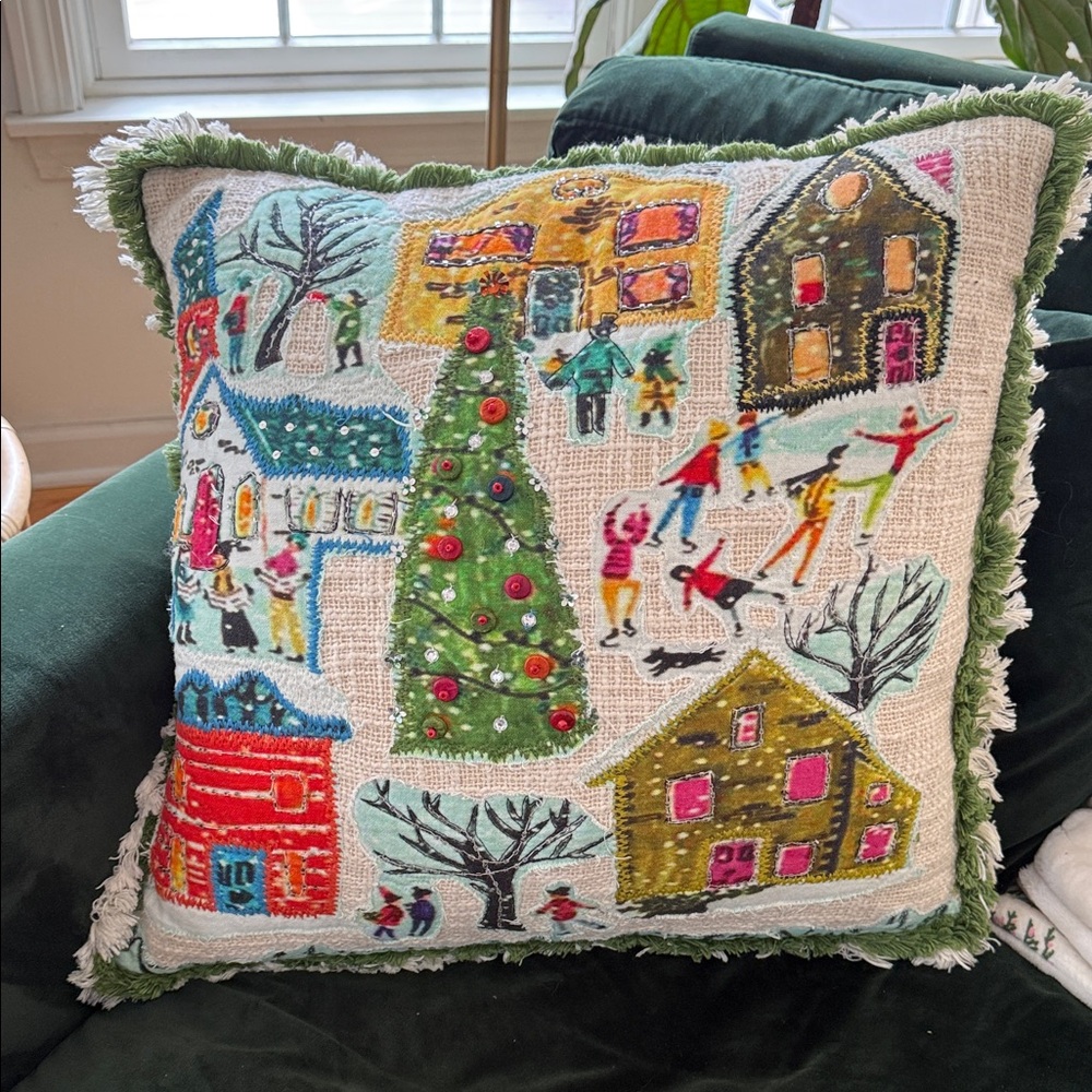 Holiday Pillow with buttons & beads! Joyful & Vibrant Village Scene